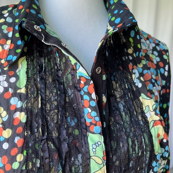 Women’s Blouse Colorful Polka Dot & Floral Print with Lace & Ribbon Accent - Picture 2 of 10